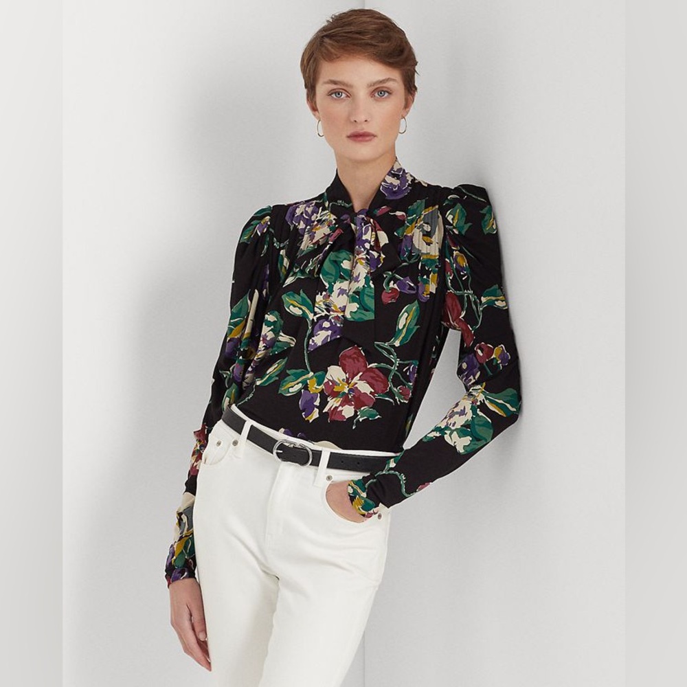New! Beautiful LAUREN Ralph Lauren Petite Floral Pleated Jersey Tie Neck Top.